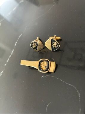 1960’s Vintage Gold and Black Scottish Lion Rampant Cufflinks + Trojan Tie Clip